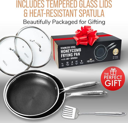 Honeycomb Stainless Steel Nonstick Frying Pan Set - with Lids and Spatula - 10 12 Inch Hybrid Pan - Induction Compatible - PFOA-Free - Oven Safe - Dishwasher Safe Skillet