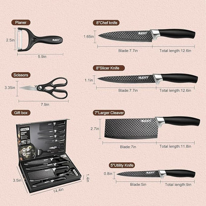 Knife Set, 6 Pieces Kitchen knife Set with Healthy Anti-Rust Coating, Stainless Steel Professional Chef Knife Sets with Elegant Box, Kitchen Knives with Scissors & Peeler for Cooking, Dishwasher Safe