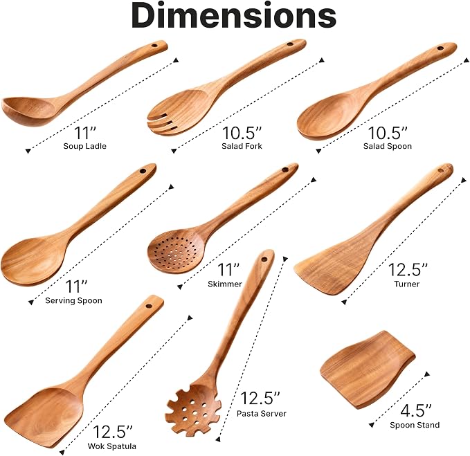 Wooden Kitchen Utensil Set, 9-Piece Teak Wood Cooking Spoons-Heat-Resistant, Non-Scratch, Durable Kitchen Tools, Perfect Cooking Gift