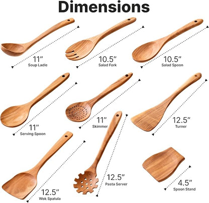 Wooden Kitchen Utensil Set, 9-Piece Teak Wood Cooking Spoons-Heat-Resistant, Non-Scratch, Durable Kitchen Tools, Perfect Cooking Gift