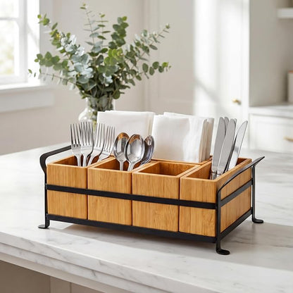 Bamboo Utensil Caddy with Handle - 5 Compartment Silverware Holder for Party & Kitchen Countertop - Removable Wooden Flatware Organizer for Picnic, BBQ, Buffet, RV & Outdoor Dining