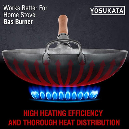YOSUKATA 14” Round Bottom Carbon Steel Woks and Stir Fry Pans – Unseasoned Pow Wok for Stir Fry, BBQ & Camping – Hand-Hammered Traditional Japanese and Chinese Pan – Gas Stove, Open Fire Only