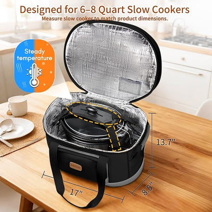 DEEGO Carrying Bag for Crock-Pot 6-8 Quart, 2-Layer Insulated Portable Slow Cooker Bags with Support Pad, Lid Fasten Straps & Easy-Clean Liner, for Family Gatherings Potlucks, Gifts for Women