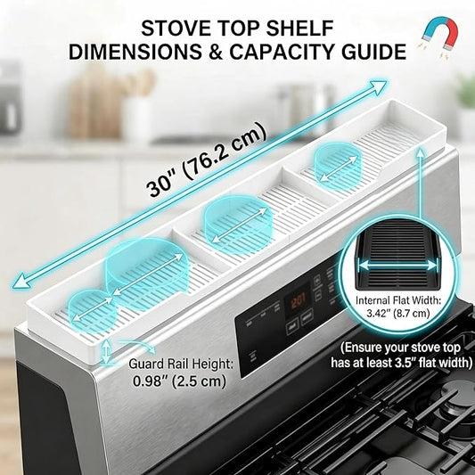AWOKE Stove Top Shelf 30 Inch - Silicone Material Magnetic Shelf for The Stove - 3 Functional Partitions Kitchen Spice Rack Organizer - White