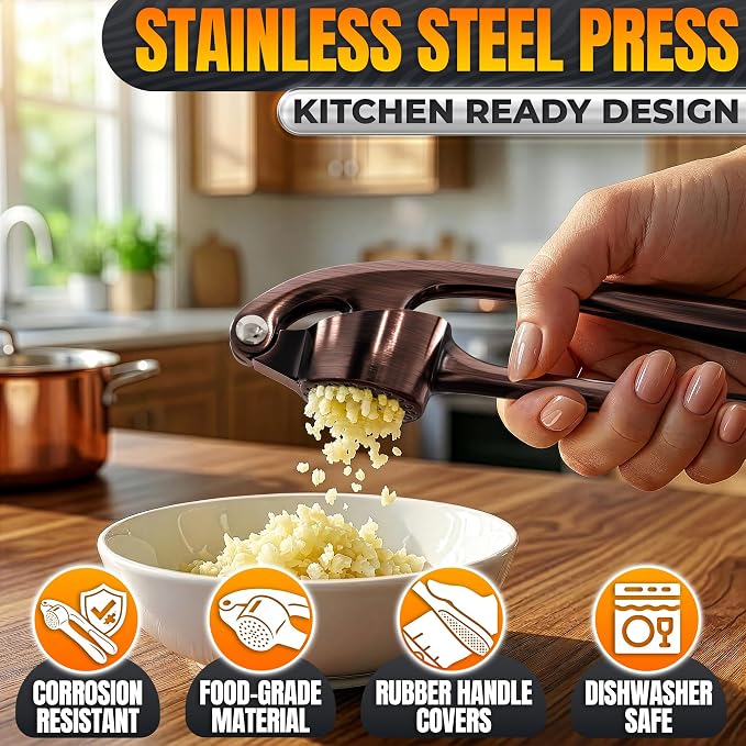 Stainless Steel Garlic Press Set with Silicone Garlic Peeler and Cleaning Brush - Ginger Mincer with 37 Built-In Studs, Rust-Resistant, Ergonomic Handle, No Peel Needed, Dishwasher Safe, Copper Color