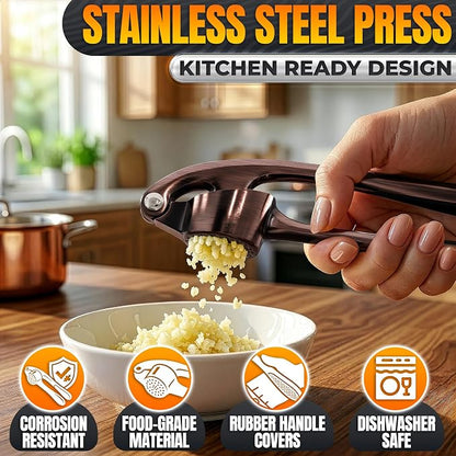 Stainless Steel Garlic Press Set with Silicone Garlic Peeler and Cleaning Brush - Ginger Mincer with 37 Built-In Studs, Rust-Resistant, Ergonomic Handle, No Peel Needed, Dishwasher Safe, Copper Color