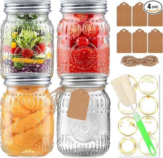 16oz Mason Jars with Airtight Rust-Proof 304 Stainless Steel Lids and Bands, 4 Pack with Elegant Sunflower Embossing, Pint Glass Jars for Meal Prep, Pickling, Overnight Oats, Dry Food & DIY Crafts