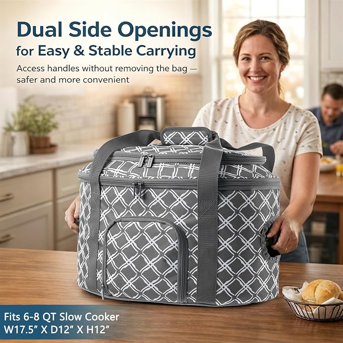 BAGSPRITE Double-layer Slow Cooker Carrying Case for Crock Pot 6-8 Quart, Insulated Crockpot Carrier with Adjustable Lid Straps,Portable Slow Cooker Travel Bag for Potluck, Parties, Family Gatherings