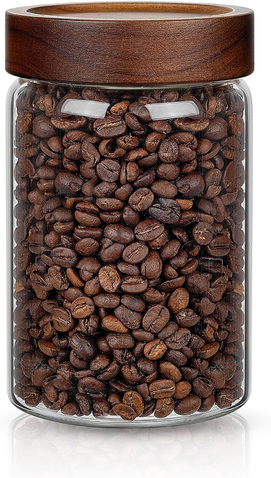 1PC Glass Storage Jars with Airtight Lids, 28 fl oz (850ml) coffee container with Wooden Lid, Glass Pantry Canister for Beans, Rice, Sugar and etc