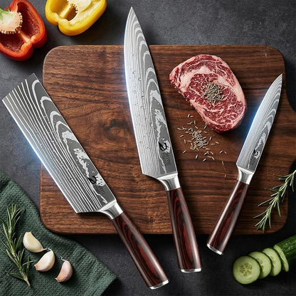 Dfito Kitchen Knife Set, 3 Pieces High Carbon Stainless Steel Chef Knife Set with Red Pakkawood Handle, Ultra Sharp Professional Chef Knives Sets for Home Cooking, Dishwasher Safe