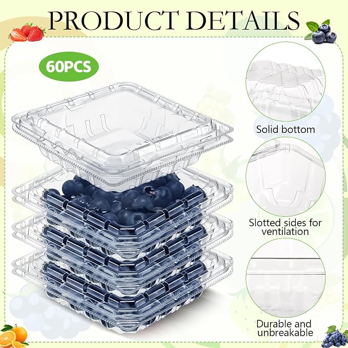 Baderke 60 Pcs Plastic Berry Basket with Clamshell Lids Clear Plastic Disposable Containers Fruit Produce Saver Containers for Blueberries Raspberries Blackberries Strawberries Cherry Tomatoes