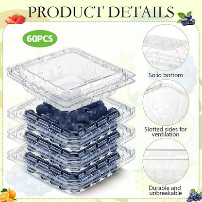 Baderke 60 Pcs Plastic Berry Basket with Clamshell Lids Clear Plastic Disposable Containers Fruit Produce Saver Containers for Blueberries Raspberries Blackberries Strawberries Cherry Tomatoes