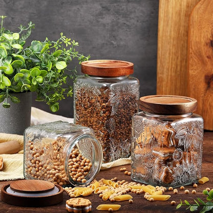 Suclain 5 Pcs Sunflower Vintage Glass Jars with Bamboo Airtight Lid 17/24/34 oz Glass Food Containers Storage for Kitchen Counter Pantry Sugar Flour Coffee Tea Candy Oats Cereal(Square)