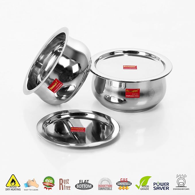 Sumeet Stainless Steel Cookware Set With Lid, 1.6, 2.1 L, 2 Piece (Steel), 2.1 liter