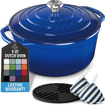 Zulay Kitchen 5 Quart Enameled Cast Iron Dutch Oven Pot with Lid – Premium Durability & Oven Safe up to 500°F – Heavy Duty Cookware Perfect for Bread Baking, Stews, Braising & Roasting – Blue