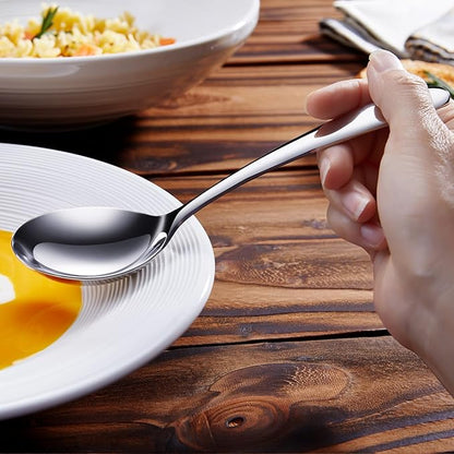 KEAWELL Premium 7.3 Inches Soup Spoons with Hook Handle, Set of 4, 18/10 Stainless Steel, Deep Bowl, Perfect for Ramen, Pho, Miso, Dumplings, Noodles, Wonton, Dishwasher Safe (Round-Handle)