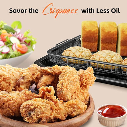 Air Fryer Pans for Oven, Oven Air Fryer Basket and Tray with Cooking Guide &30 PCS Parchment Papers, DEGOVIN Crisper Tray Non-stick Stainless Steel Air Fry Pans for Convection Oven(14.88"×10.98"Black)