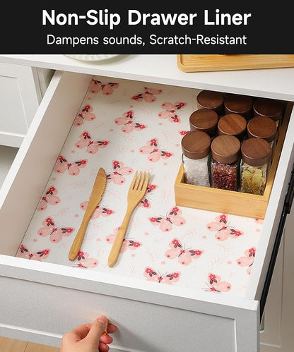 Shelf Liner for Kitchen Cabinets - Non-Adhesive Waterproof and Oil-Proof Drawer Liner, Reusable Protector for Dresser, Wire Shelf, Cupboards(Pink Butterfly, 17.7" W x 360" L)
