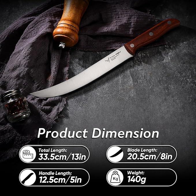 TAN REN Butcher Breaking Knife 8 Inch, Stainless Steel for Meat Cutting, Brisket Trimming With Sheath, Ergonomic Wooden Handle, Carving