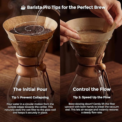 AGOGO Pour Over Coffee Maker Glass with 50pcs Paper Filters -for Home, Office, Camping, Cafes - Easy Clean Coffee Dripper Set (Soft Towel&Brush)(28oz Slim Shape w/Paper Filters)