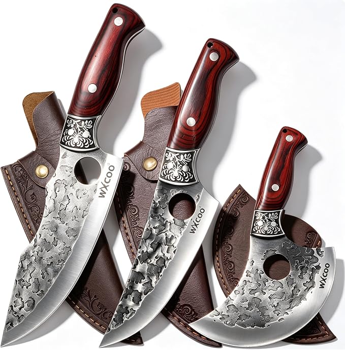 3PCS Butcher Knife Set High-Carbon Steel with Hammered Texture for Kitchen Stainless Steel Hand Forged Chef Knives, Nonslip Wood Handle, Meat Cutting Butchering Cleaver & Bone Chopper