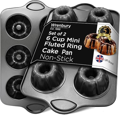 Wrenbury Set of 2 Nonstick Mini Buntz Cake Pan Non Stick for Baking - 6 Cup Bundlette Fluted Cake Tin for Small Cakes - PFOA Free and Dishwasher Safe - 3.75” Cup Width