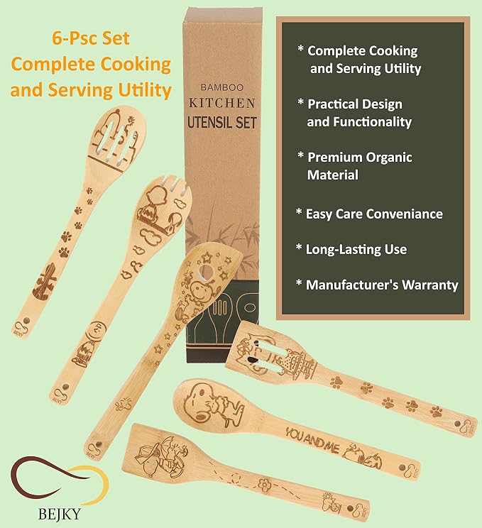 Bejky 6-Pcs Wooden Bamboo Spoons Set - Organic Food Cooking Utensils - Kitchen Accessories and Home Decor - Cookware Gifts for Women - Nonstick Easy Wash Spatulas - 3D Engraved Patterns (Cartoon Dog)