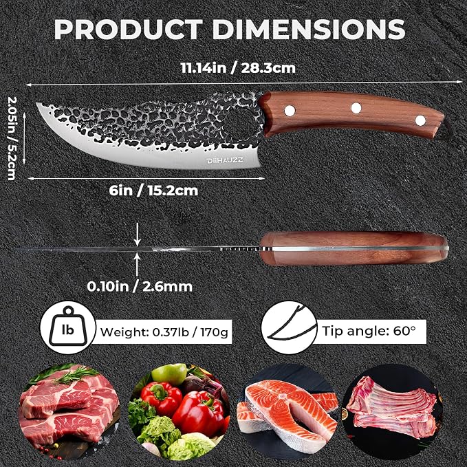 DiiHAUZZ Viking Chef Knife, 6 Inch Hand Forged High Carbon Steel - Ultra Sharp Butcher Boning Knife for BBQ Prep, Meat Cutting and Camping with Leather Sheath, Gifts for Men