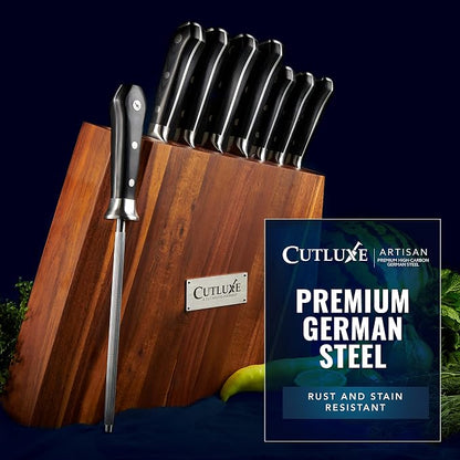 Cutluxe Kitchen Knife Set – 8 Pcs Professional Chef Knife Set with Block – Razor Sharp Knives with Full Tang Design, High Carbon German Steel, Natural Acacia Wood Block – Artisan Series
