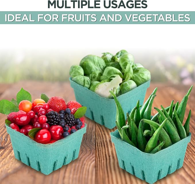 FMP Brands 44 Pack Pint Green Molded Pulp Fiber Berry Basket Produce Vented Container for Fruit and Vegetable, Farmer Market, Grocery Stores and Backyard Party