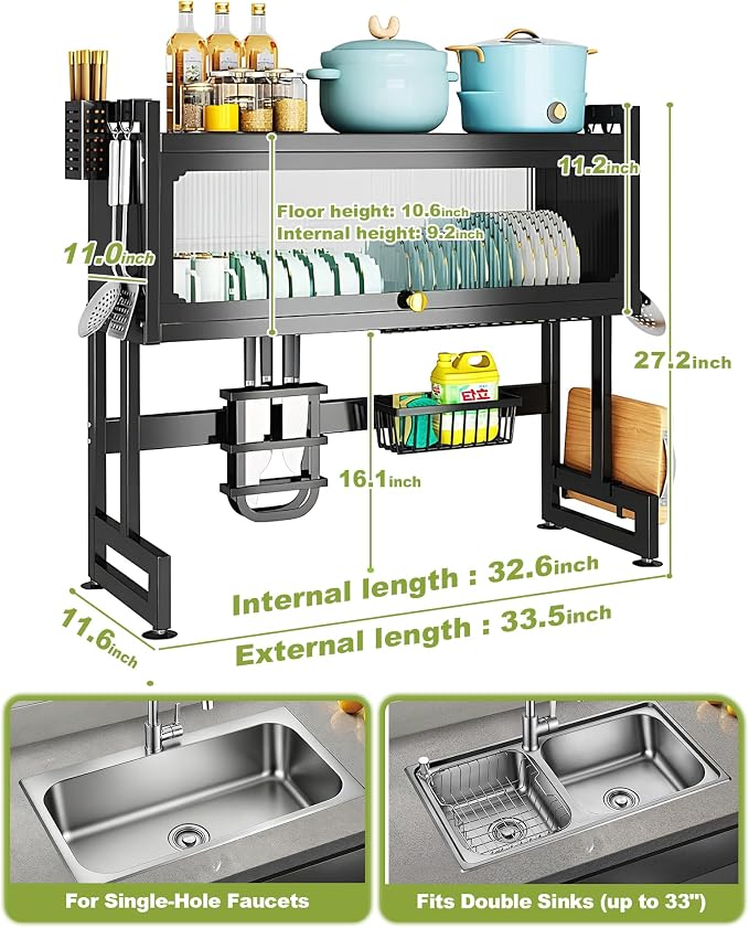 Over the Sink Dish Drying Rack with Cover 2 - Tier Large Dish Drainer Racks for Kitchen Counter Space Saving Sink Storage Organizer for Dishes, Glasses, Bowls & Cutlery Black