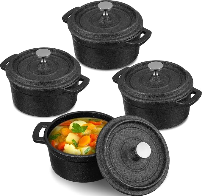 4 Pcs Mini Dutch Oven, 500F Small Round Iron Cocotte Black Dutch Oven Pot with Lid and Dual Handles Cast Iron Pot for Stovetop Use Marinate Cook Bake Refrigerate, Individual Servings(8 oz)