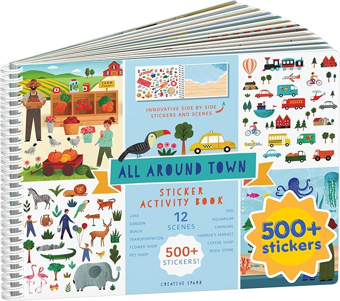 All Around Town 500+ Kids Sticker Book by Cupkin Fun Toddler Travel Activity Coloring and Sticker Book, Road Trip Essentials, 12 Coloring Pages 12 Side by Side Scenes for Ages 2–8 Years