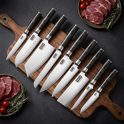 MDHAND Kitchen Knife Set, 9 Pieces Ultra Sharp Japanese Knife Set, High Carbon Stainless Steel Professional Chef Knives Set with Black Pakkawood Handle for Home Cooking, Dishwasher Safe