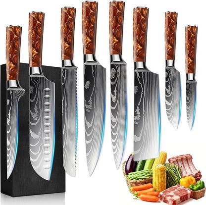 8-Piece Premium Japanese Kitchen Knife Set - Star Collection, Laser Damascus Pattern, 440A Stainless Steel Ultra Sharp for Fast Cutting (Red 8J)
