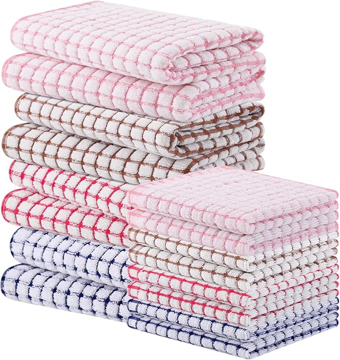 Homaxy Kitchen Towels and Dishcloths Set, 16 x 25 and 12 x 12 Inches, Set of 16 Cotton Terry Kitchen Dish Towels, Super Soft and Absorbent Dish Cloths, Blue/Pink/Red/Brown
