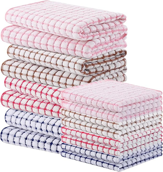 Homaxy Kitchen Towels and Dishcloths Set, 16 x 25 and 12 x 12 Inches, Set of 16 Cotton Terry Kitchen Dish Towels, Super Soft and Absorbent Dish Cloths, Blue/Pink/Red/Brown