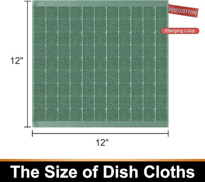 Mordimy 100% Cotton Terry Cloth Dish Cloths, Soft and Absorbent Checkered Dish Towels, Quick Drying Dish Rags for Washing Dishes, 12 Pack, 12 x 12 Inches, Grass Green