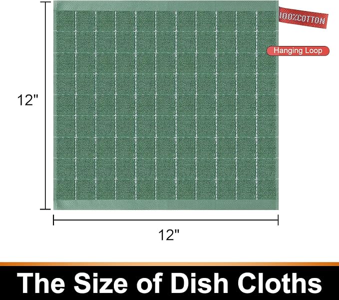 Mordimy 100% Cotton Terry Cloth Dish Cloths, Soft and Absorbent Checkered Dish Towels, Quick Drying Dish Rags for Washing Dishes, 8 Pack, 12 x 12 Inches, Grass Green
