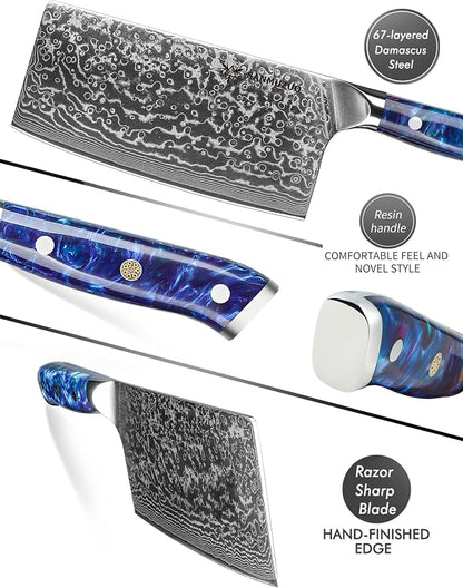 Chinese Chef Knife - 7" Cleaver Knife- Xuan Series - VG10 Damascus Steel Kitchen Knife - Resin Handle (Sapphire Blue)