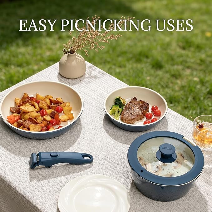 8Pcs Pots and Pans Set Nonstick Ceramic Cookware Set Removable Handle Induction Kitchen Cooking Set with Frying Pans and Sauce Pan, Blue