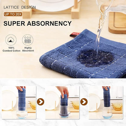 Mordimy 100% Cotton Terry Cloth Dish Cloths, Soft and Absorbent Checkered Dish Towels, Quick Drying Dish Rags for Washing Dishes, 8 Pack, 12 x 12 Inches, Navy Blue