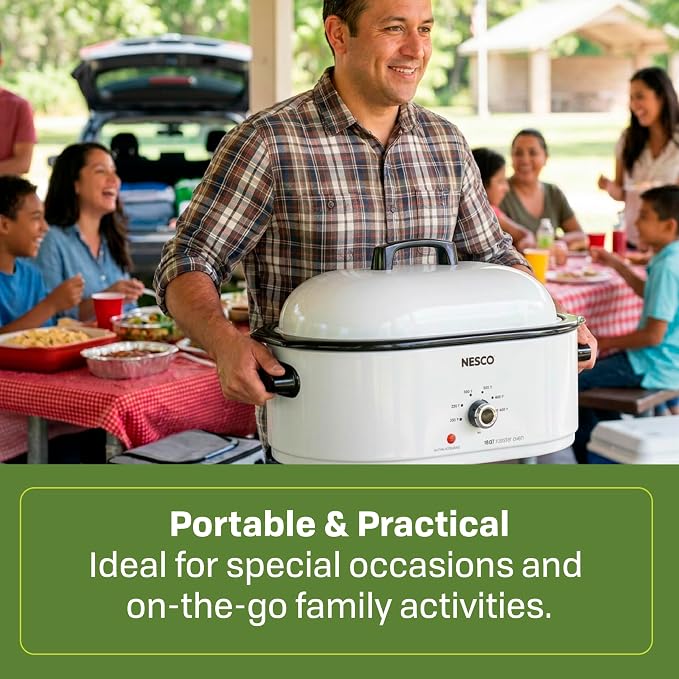 NESCO MWR18‑14 Electric Roaster Oven for Family‑Size Meals, White 18‑Quart Countertop Roaster with Adjustable Temperature Control