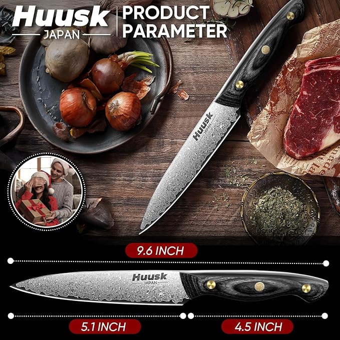 Huusk Damascus Kitchen Utility Knife, Japanes VG10 Small Chef Knives 5 inch with Ergonomic Wooden Handle, Versatile Knife for Vegetable Fruit Meat, Christmas Gift for Men and Women
