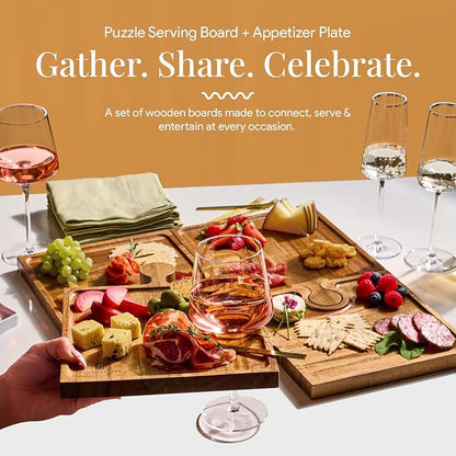 Homesphere Wooden Charcuterie Boards, Appetizer Tray for Parties & Cutting Board with Handle, Set of 4, Acacia Wood Board, Wine Gifts, Wine Accessories, Interlocking Puzzle Serving Tray w/Storage Box