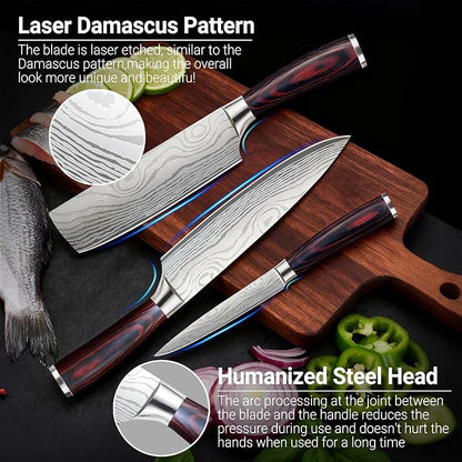 3-Piece Kitchen Chef Knife Set - 8" Chef Knife & 7" Nakiri Knife & 5" Utility Knife, Professional High-Carbon Stainless Steel Ultra Sharp Knives with Ergonomic Wood Handle & Gift Box for Cooking