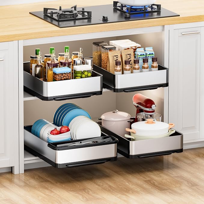 Ewaiira Pull Out Spice Rack Organizer for Cabinet 12.6" Wx16.5 D, Heavy Duty Slide Out Pantry Shelves, Stainless Steel Sliding Cabinet Drawers, Pull Out Narrow Organizer for Kitchen Cabinets, 1 Pack