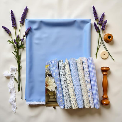 7Pcs Square Shape, Flower, Striped, Polka Dot Cotton Fabric Fabric for Sewing, 25x25cm Cotton Fabric Flower Polka Dot Bundle DIY Patchwork Quilt Cloth,Craft and Hobby Fabric (Blue)