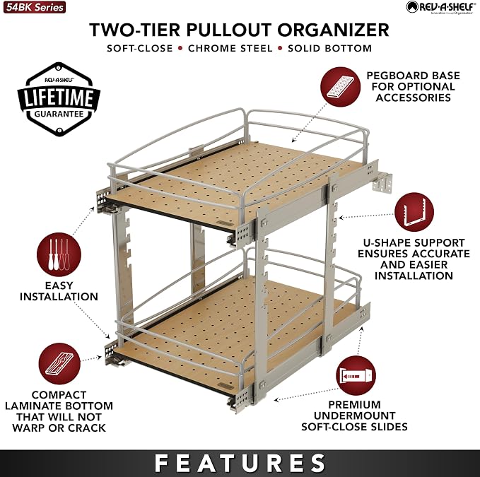 Rev-A-Shelf 2 Tier Pull Out Kitchen Cabinet Storage Organizer with Solid Bottom & Undermount Soft-Close Full Extension Slides, Min Opening Width of 14", 54BK-15SC-2-1