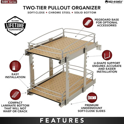 Rev-A-Shelf 2 Tier Pull Out Kitchen Cabinet Storage Organizer with Solid Bottom & Undermount Soft-Close Full Extension Slides, Min Opening Width of 14", 54BK-15SC-2-1